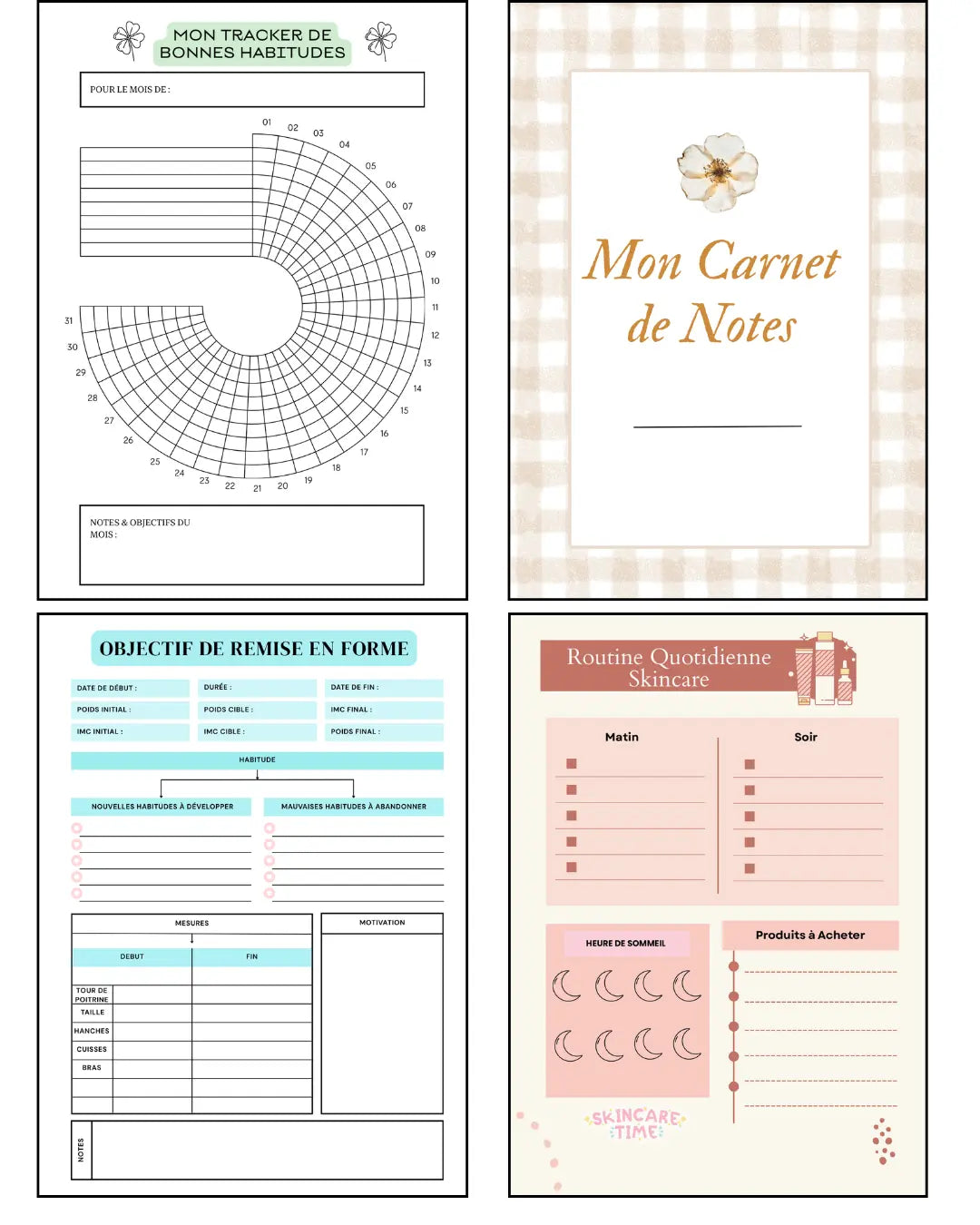 Pack Bien-Être Papeline avec 20 pages de suivi humeur, routines bien-être, trackers et objectifs