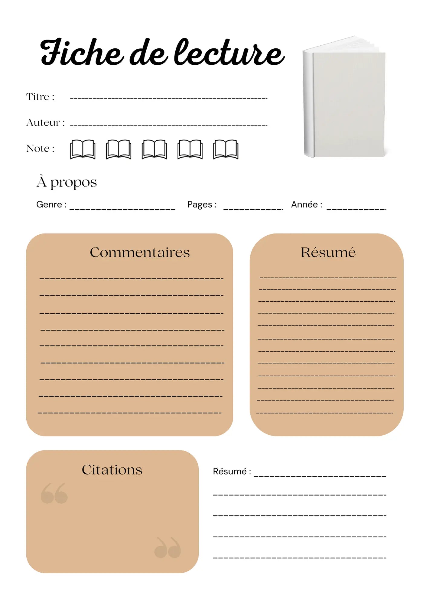 Page Fiche de Lecture Papeline avec sections résumé, thèmes clés, citations et analyse personnelle