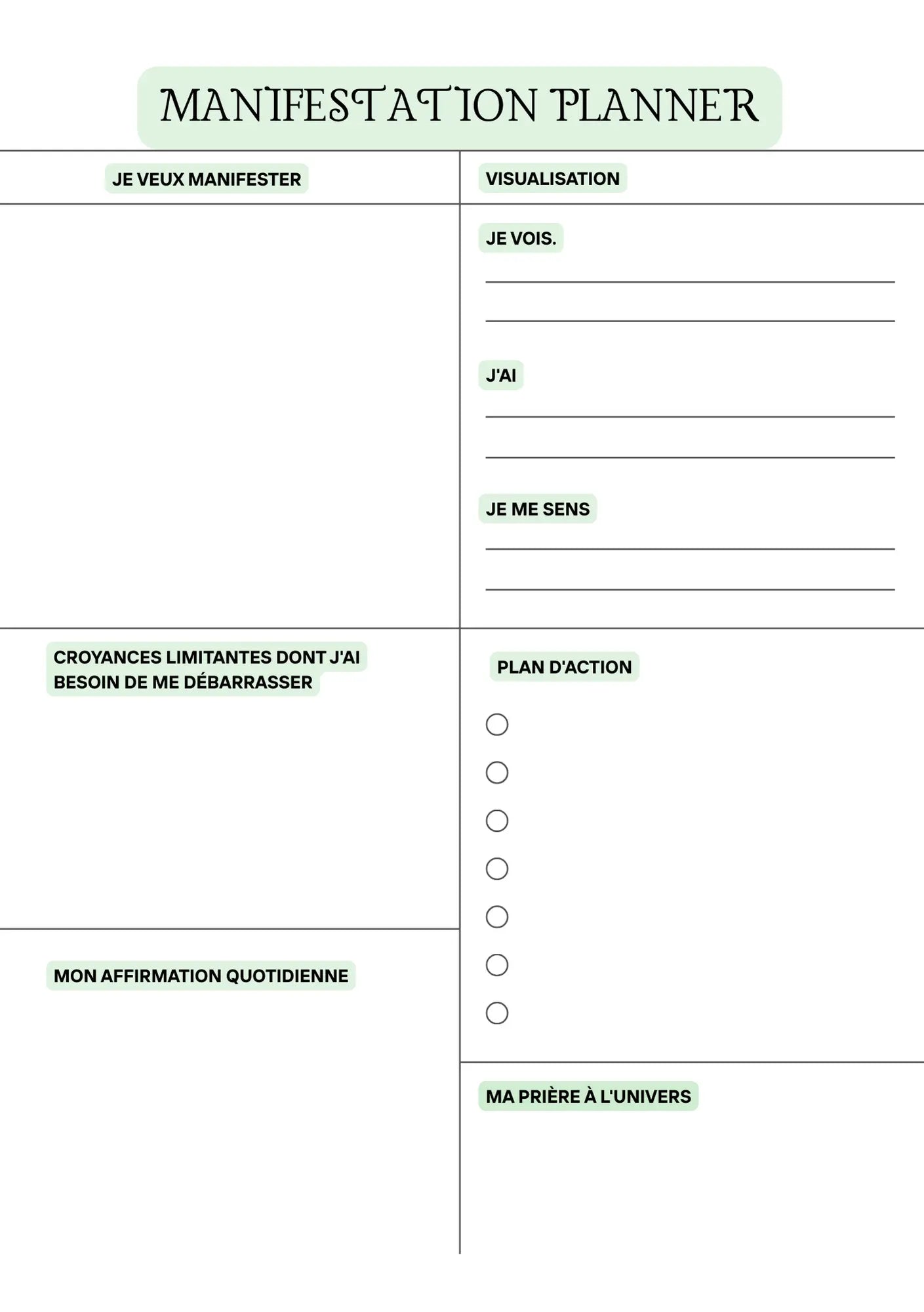 Page Manifestation Planner Papeline avec espaces pour objectifs, visualisation et plan d’action