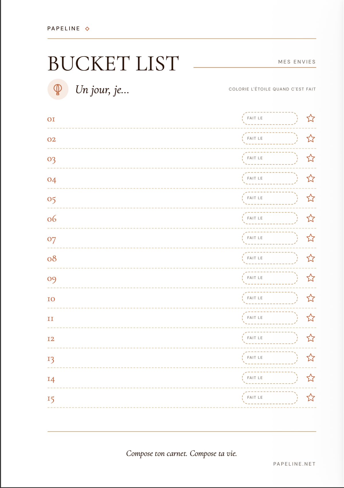 Planche Bucket List A5 Papeline, mes envies