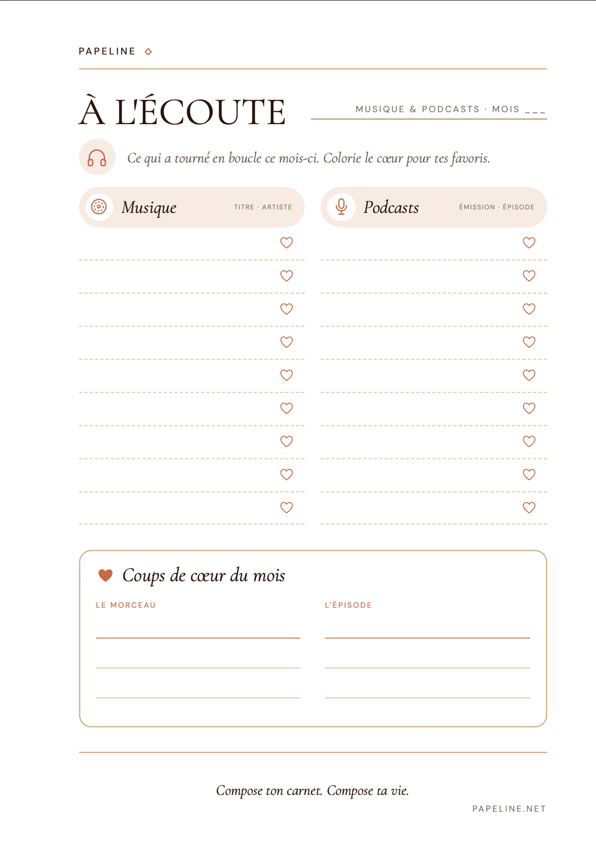 Planche À l'Écoute A5 Papeline, musique et podcasts du mois