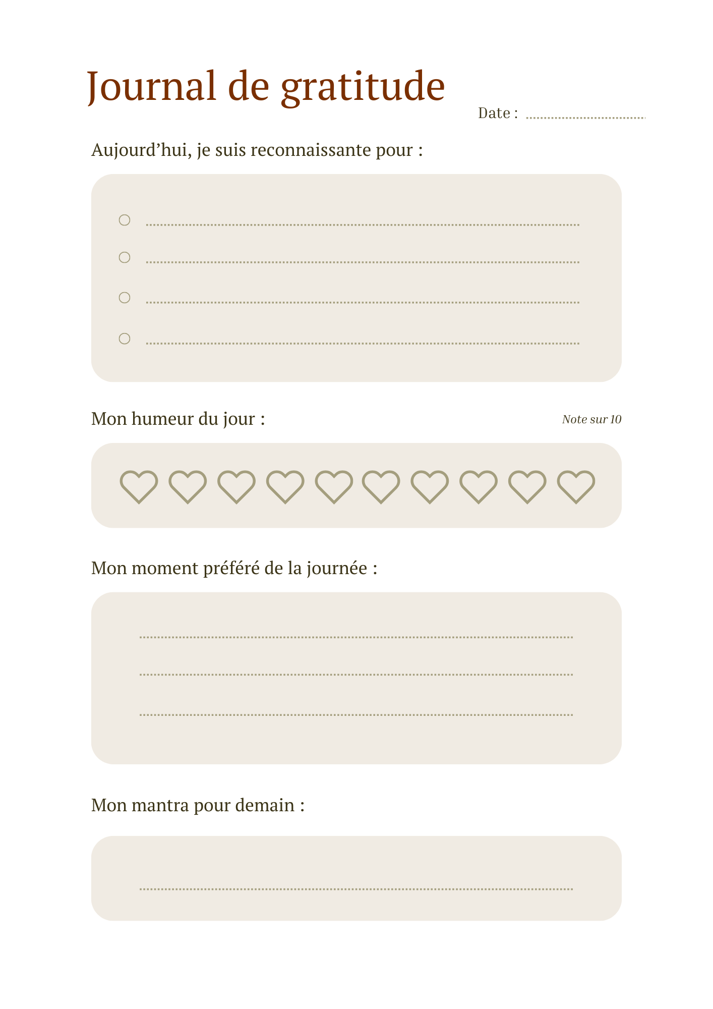 Page Journal de Gratitude Papeline avec sections gratitude, humeur du jour et mantra