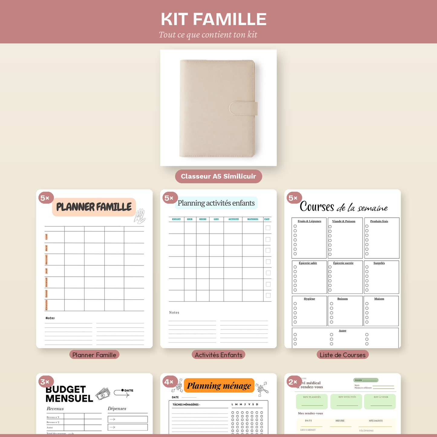 Kit Famille Papeline avec classeur A5 et 30 pages d’organisation familiale