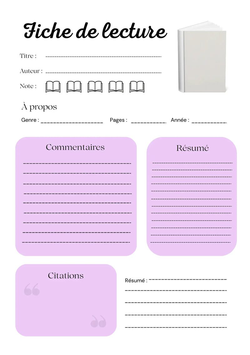 Page Fiche de Lecture Papeline avec sections résumé, thèmes clés, citations et analyse personnelle