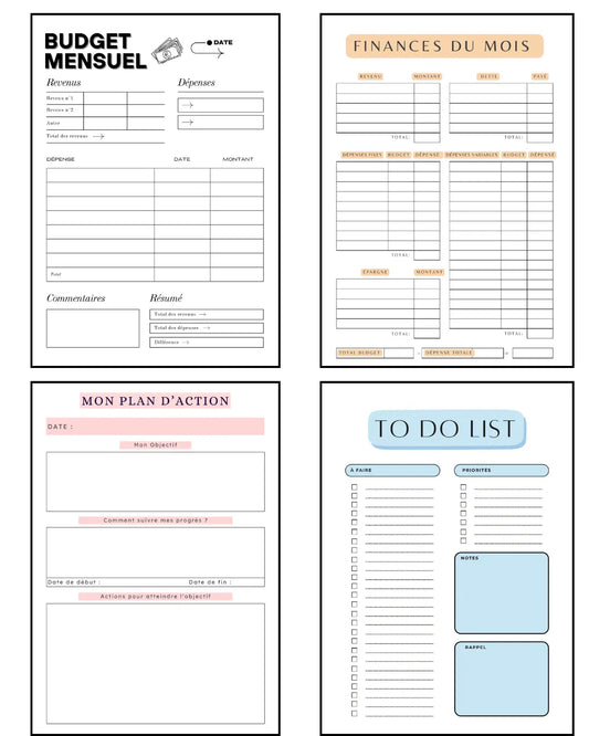 Pack Budget — 20 pages Papeline avec pages pour budget mensuel, suivi des dépenses, objectifs du mois, trackers et to-do quotidiennes 
