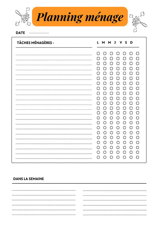 Page Planning Ménage Papeline avec tableau hebdomadaire des tâches à cocher 
