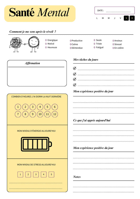 Page Agenda Santé Mentale Papeline avec sections humeur, pensées et actions bien-être quotidiennes
