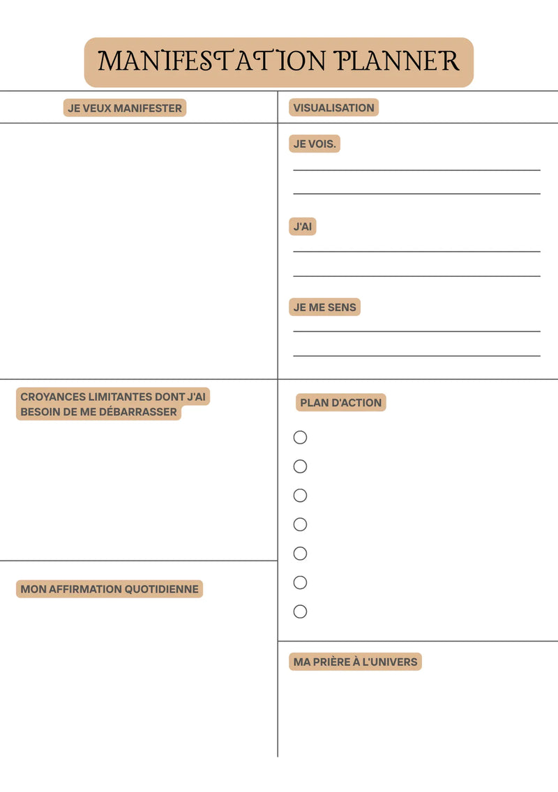 Page Manifestation Planner Papeline avec espaces pour objectifs, visualisation et plan d’action 
