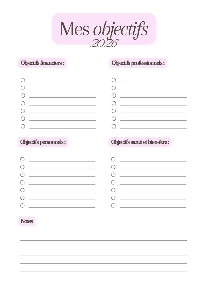Page Mes Objectifs 2026 Papeline pour fixer et suivre objectifs annuels
