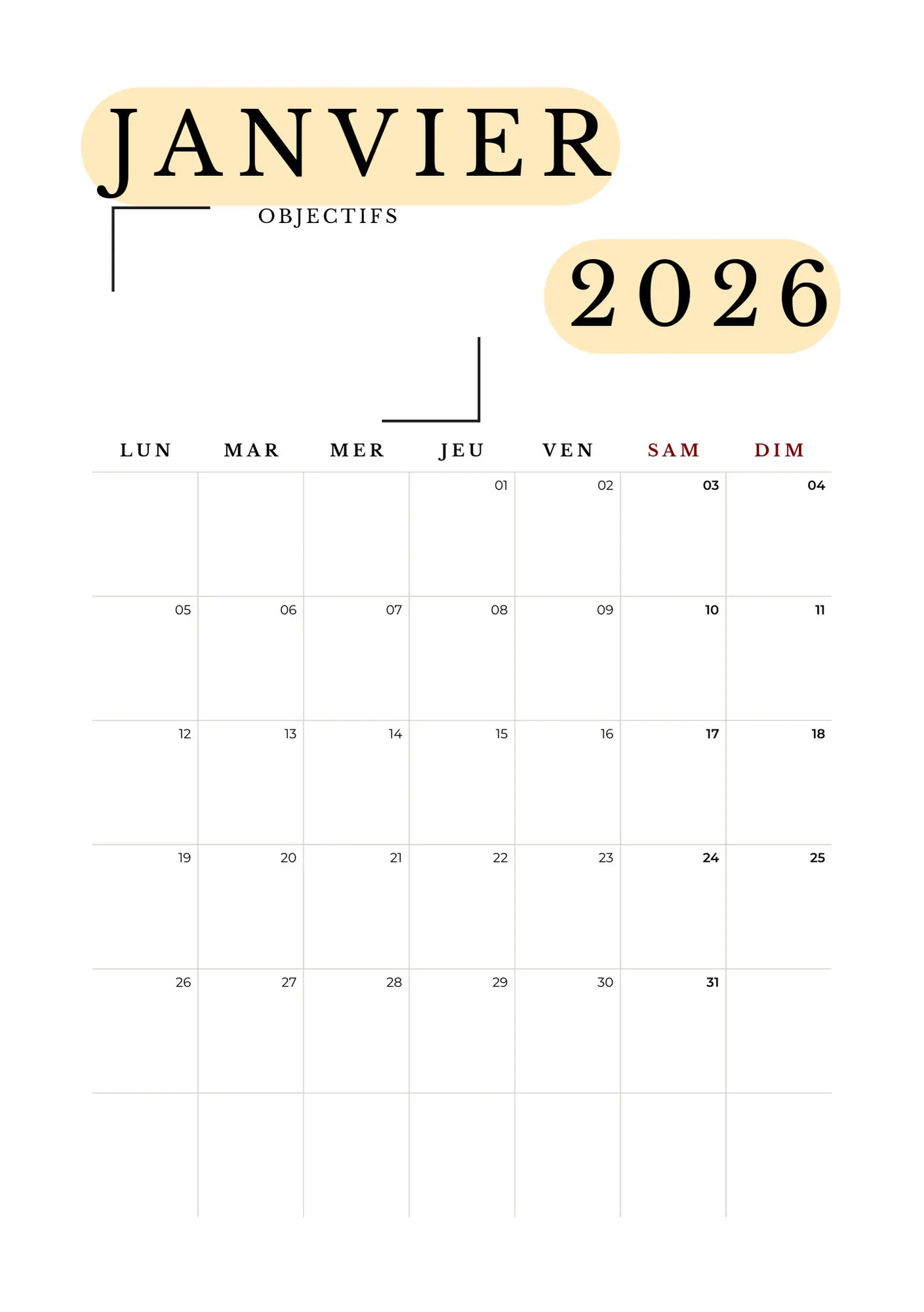 Page Calendrier 2026 Papeline avec vue annuelle et zones pour noter dates importantes 