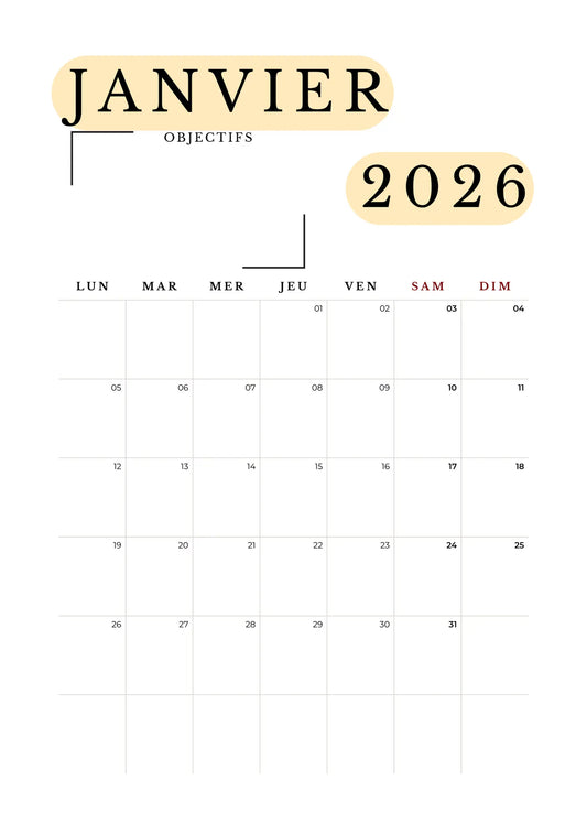 Page Calendrier 2026 Papeline avec vue annuelle et zones pour noter dates importantes 