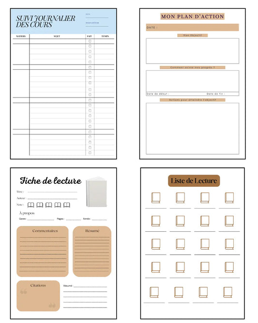 Pack Études Papeline 20 pages pour organiser tes cours, objectifs et examens. Planification scolaire complète et personnalisable.
