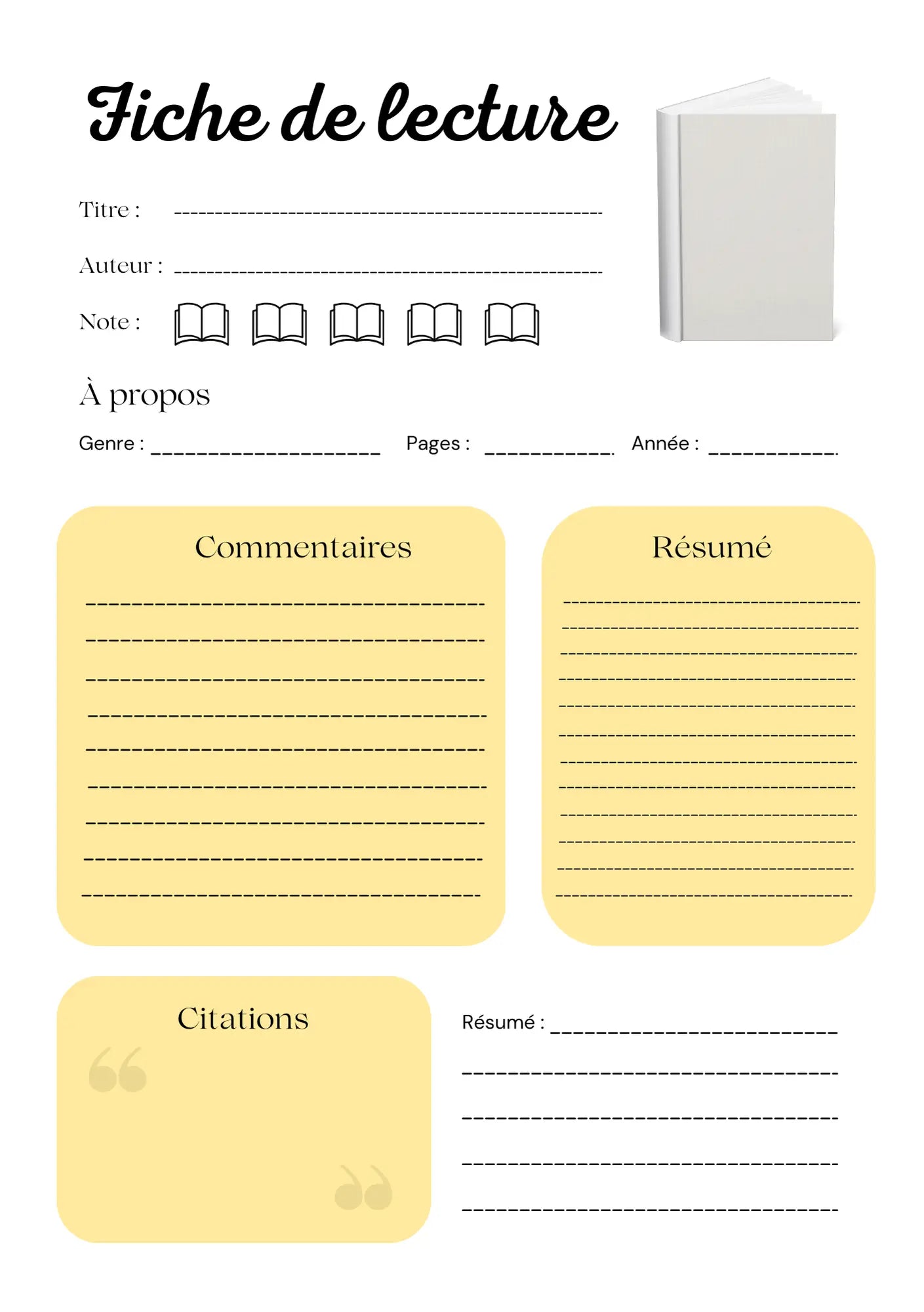 Page Fiche de Lecture Papeline avec sections résumé, thèmes clés, citations et analyse personnelle