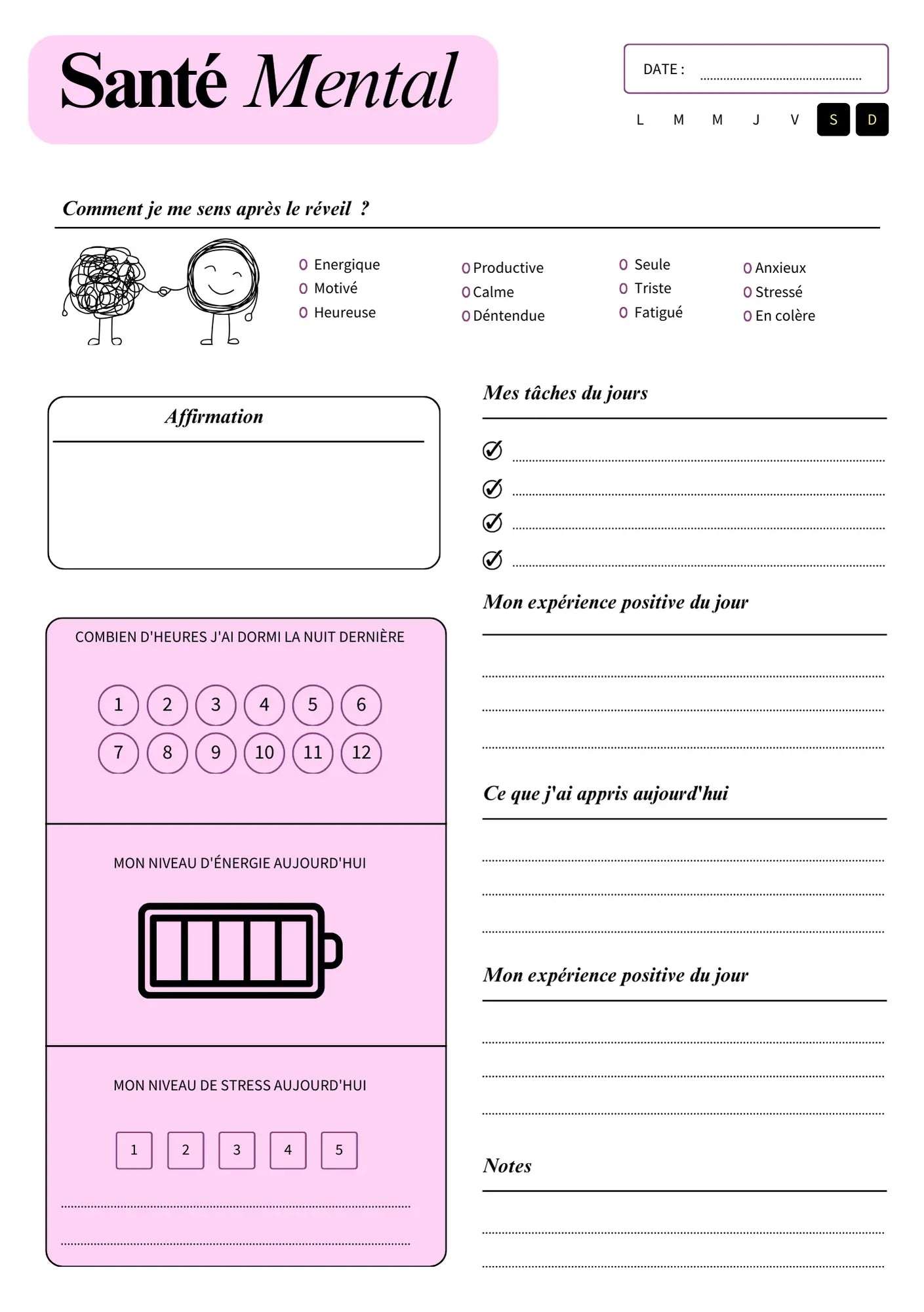 Page Agenda Santé Mentale Papeline avec sections humeur, pensées et actions bien-être quotidiennes
