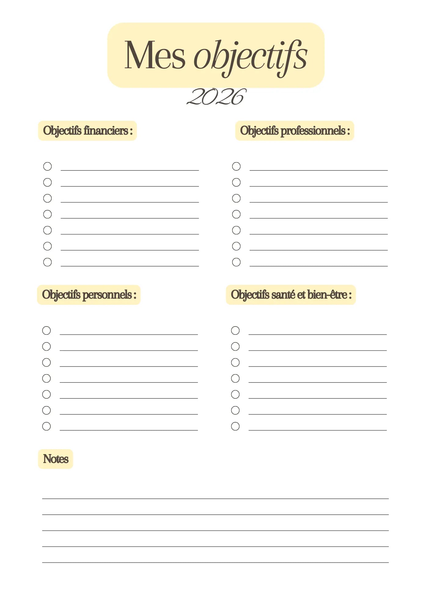 Page Mes Objectifs 2026 Papeline pour fixer et suivre objectifs annuels
