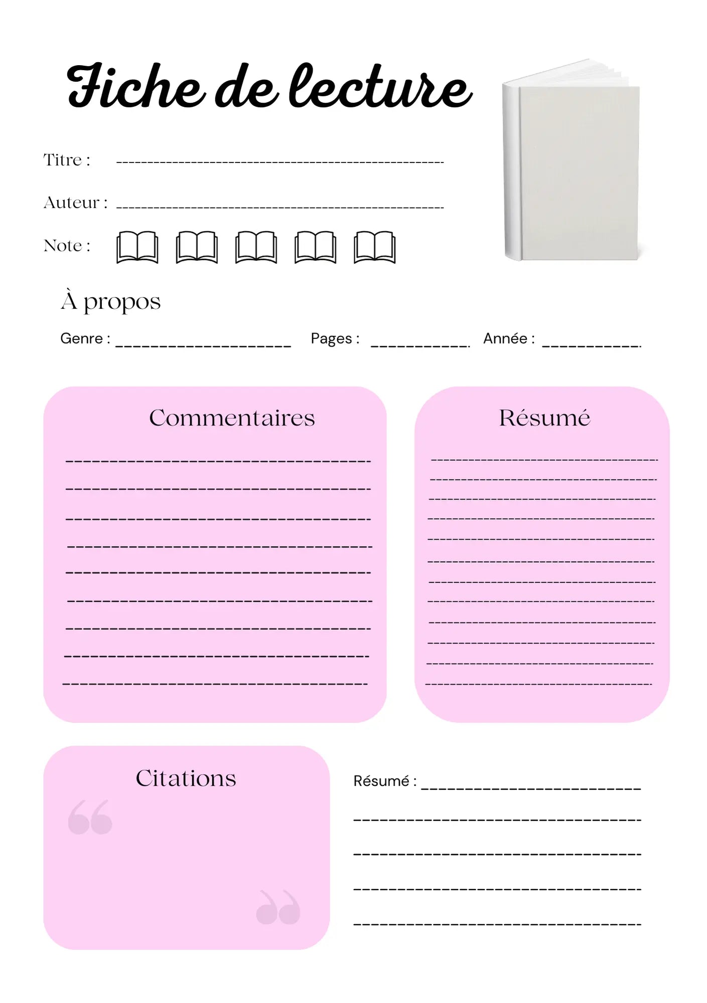 Page Fiche de Lecture Papeline avec sections résumé, thèmes clés, citations et analyse personnelle
