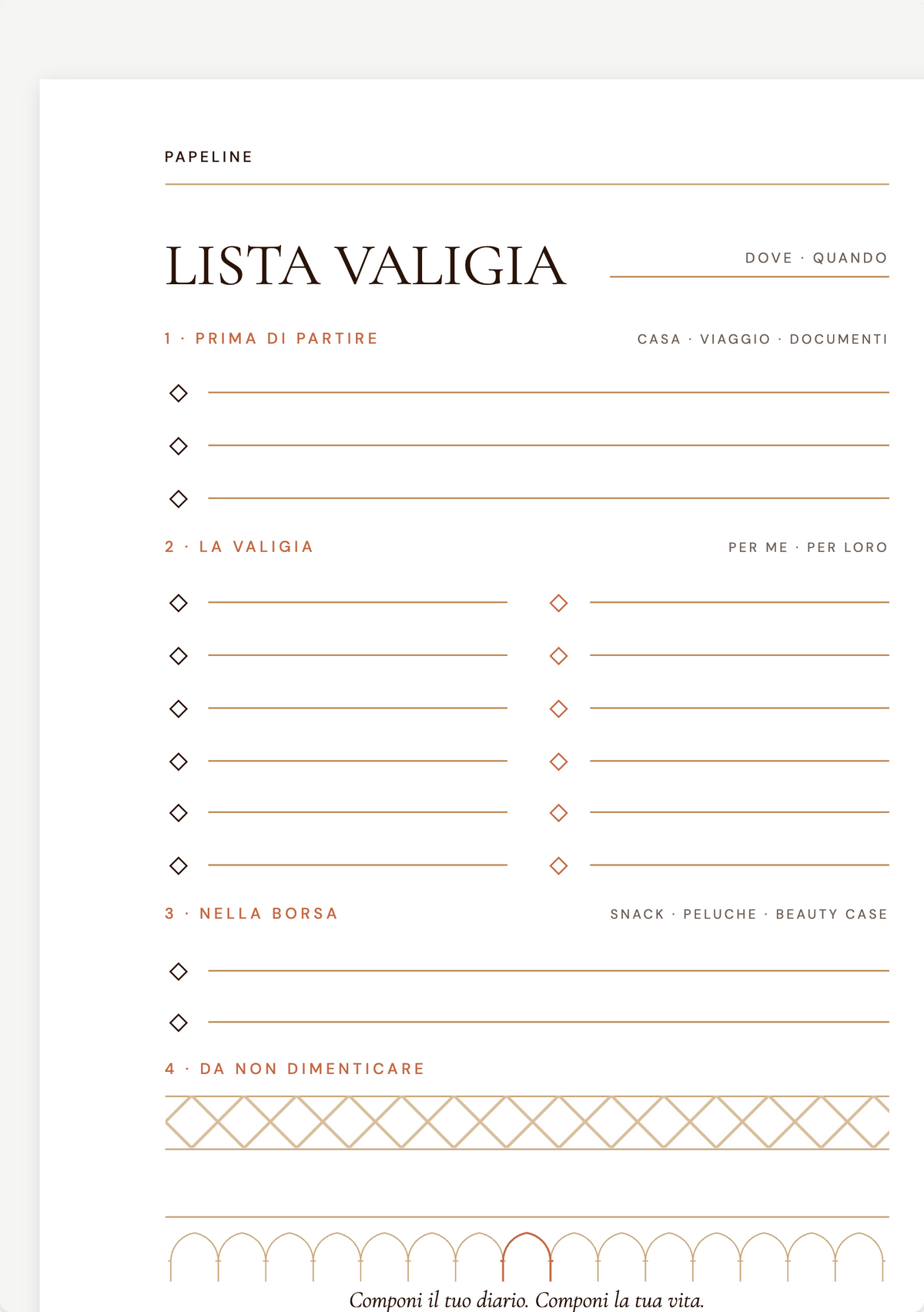 Partenza - Lista di controllo valigia e uscite | Papeline