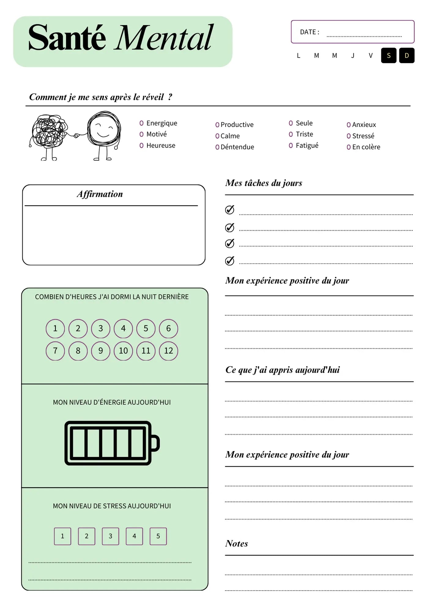 Page Agenda Santé Mentale Papeline avec sections humeur, pensées et actions bien-être quotidiennes

