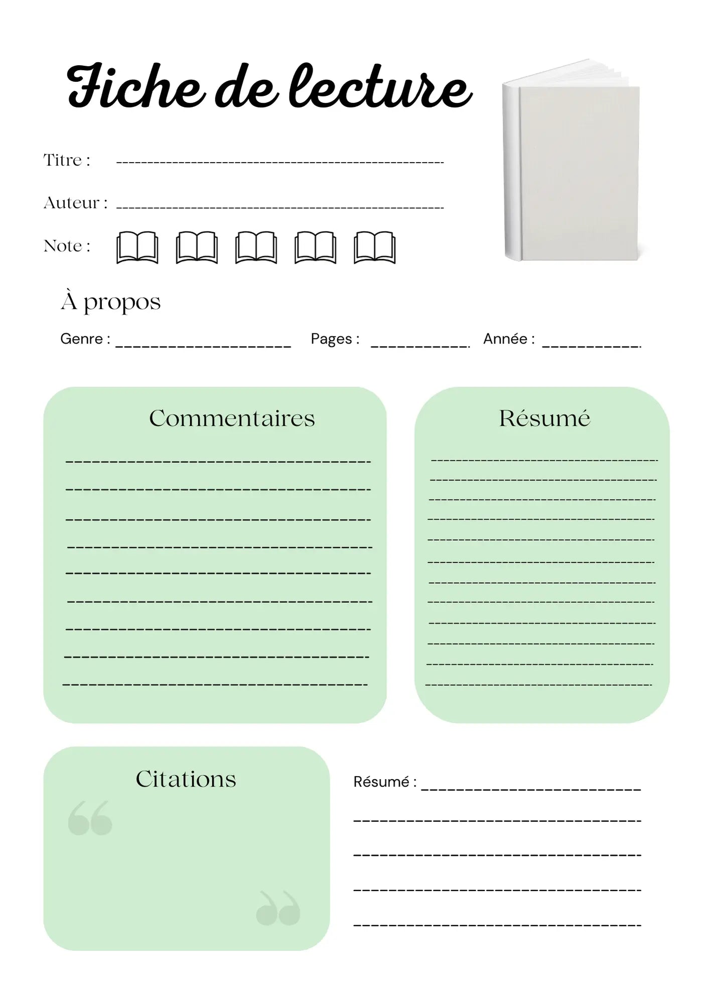 Page Fiche de Lecture Papeline avec sections résumé, thèmes clés, citations et analyse personnelle
