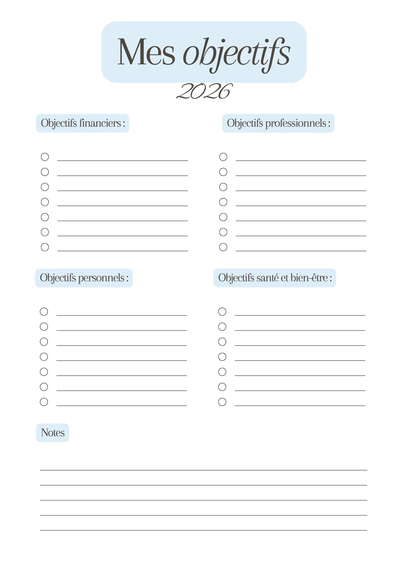 Page Mes Objectifs 2026 Papeline pour fixer et suivre objectifs annuels
