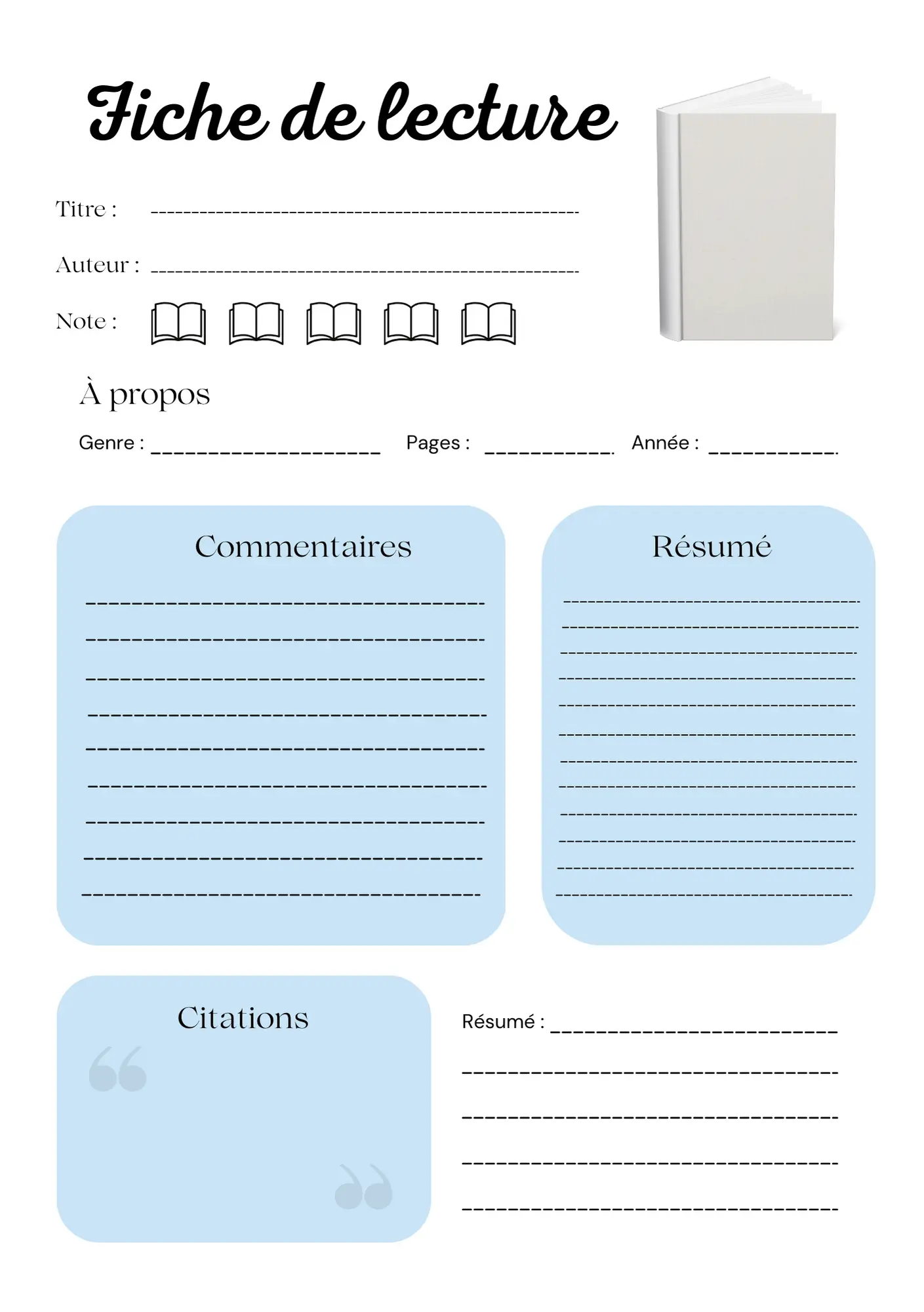 Page Fiche de Lecture Papeline avec sections résumé, thèmes clés, citations et analyse personnelle