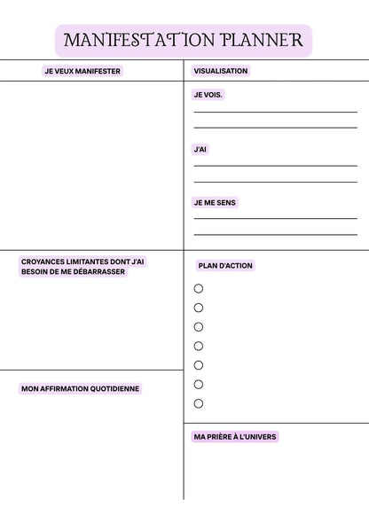 Page Manifestation Planner Papeline avec espaces pour objectifs, visualisation et plan d’action 
