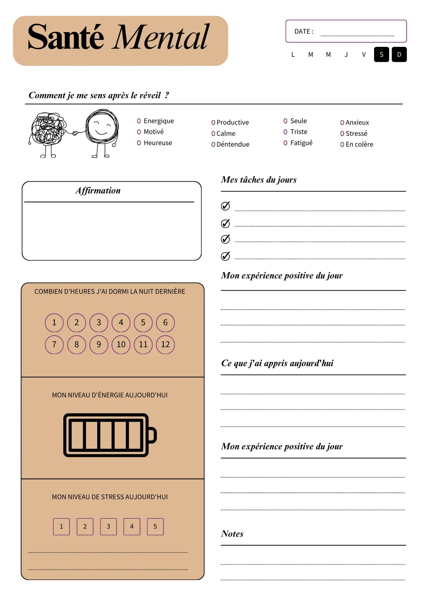 Page Agenda Santé Mentale Papeline avec sections humeur, pensées et actions bien-être quotidiennes
