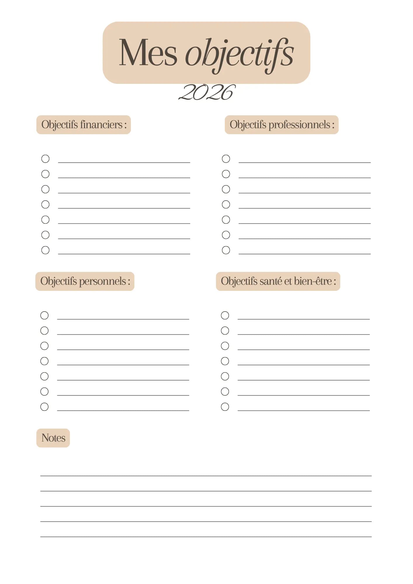 Page Mes Objectifs 2026 Papeline pour fixer et suivre objectifs annuels
