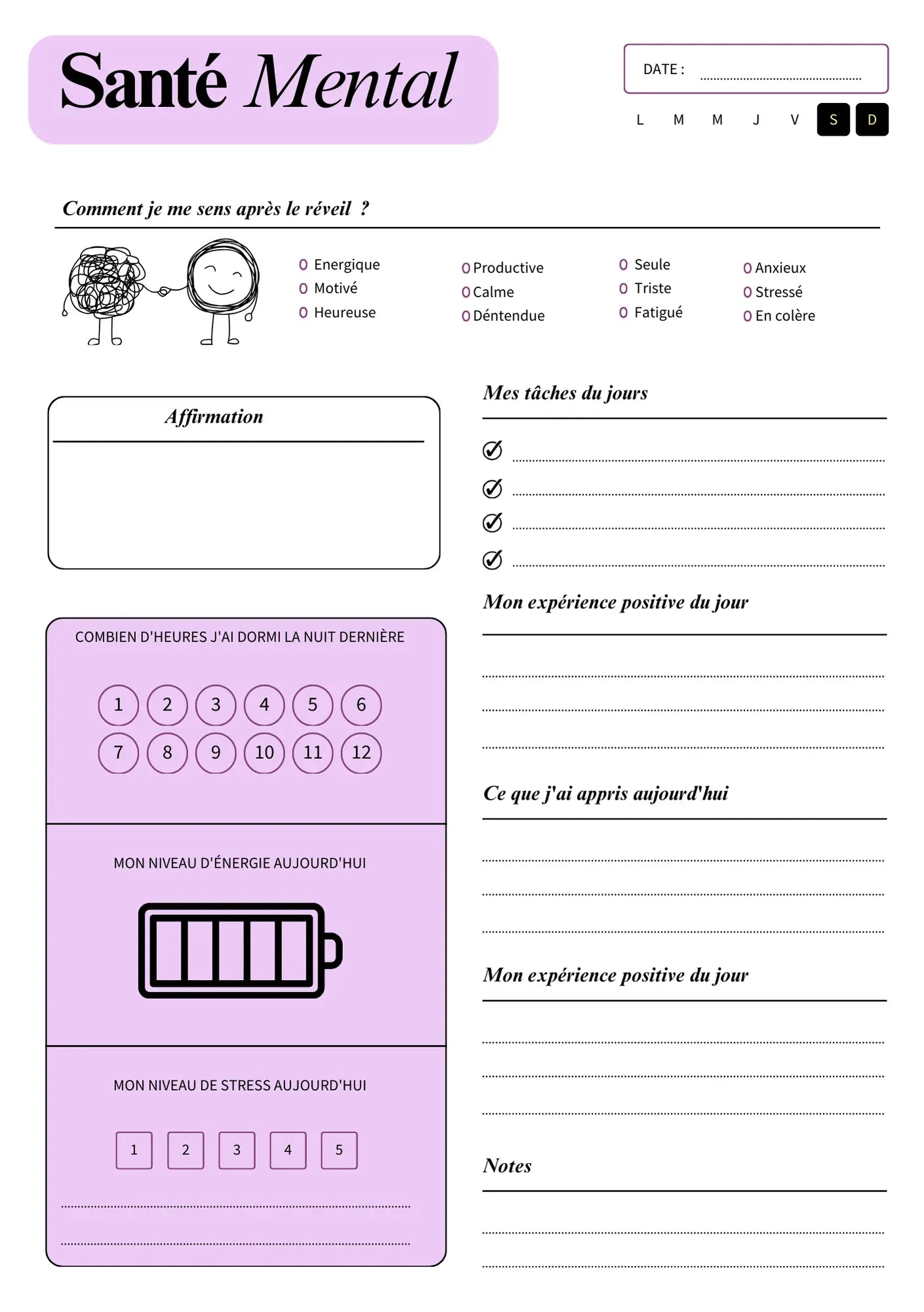 Page Agenda Santé Mentale Papeline avec sections humeur, pensées et actions bien-être quotidiennes
