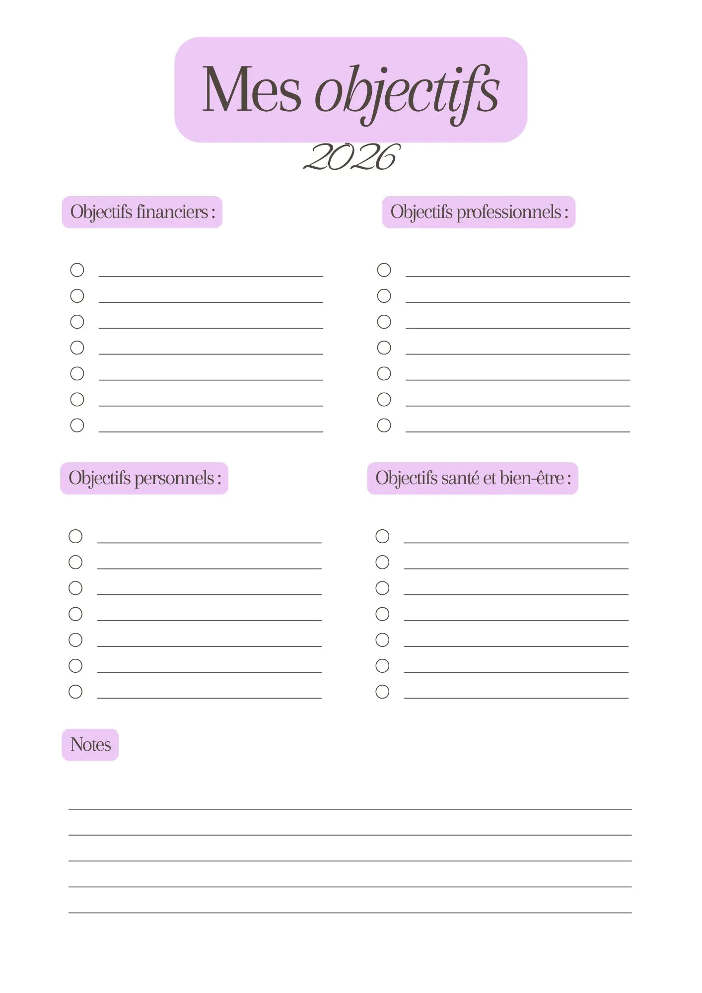 Page Mes Objectifs 2026 Papeline pour fixer et suivre objectifs annuels
