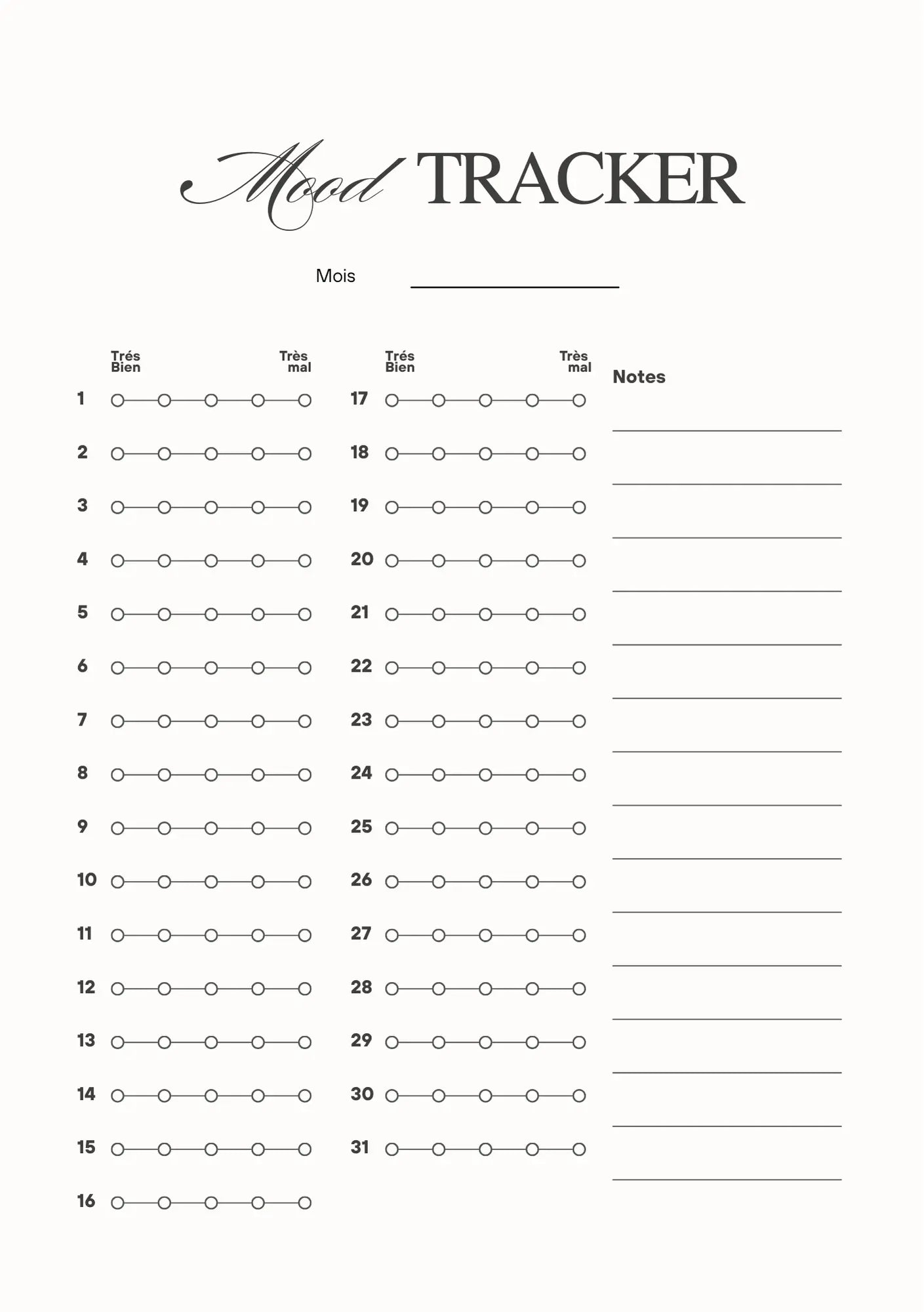 Page Mood Tracker Papeline avec tableau mensuel pour suivre et colorier l’humeur quotidienne