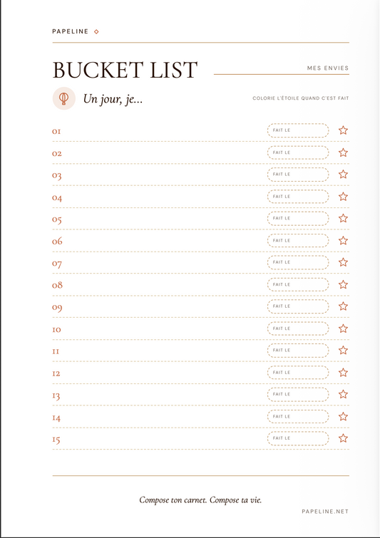 Planche Bucket List A5 Papeline, mes envies