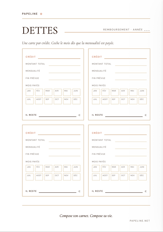 Planche Dettes A5 Papeline, suivi des remboursements