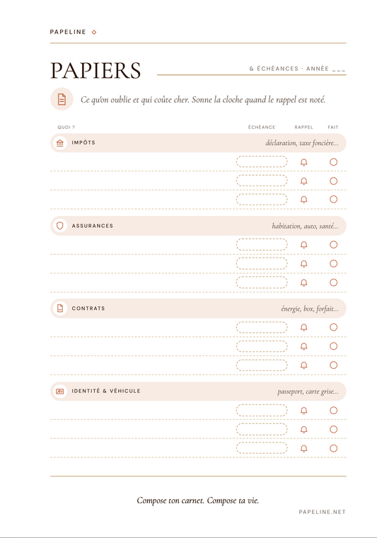 Planche Papiers A5 Papeline, échéances administratives