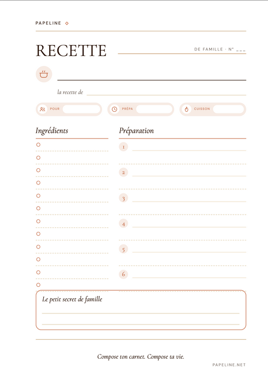 Planche Recette A5 Papeline, fiche recette de famille