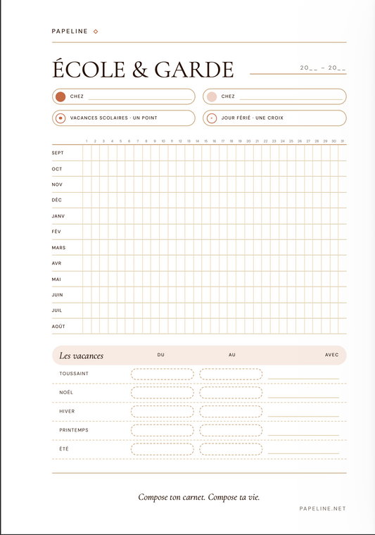 Planche École et Garde A5 Papeline, calendrier scolaire annuel