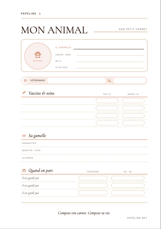Planche Mon Animal A5 Papeline, carnet de santé et garde