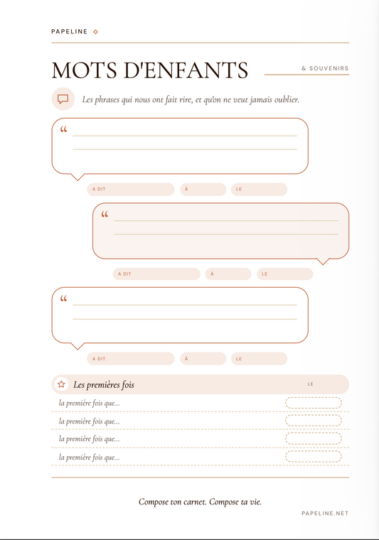 Planche Mots d'Enfants A5 Papeline, phrases et premières fois
