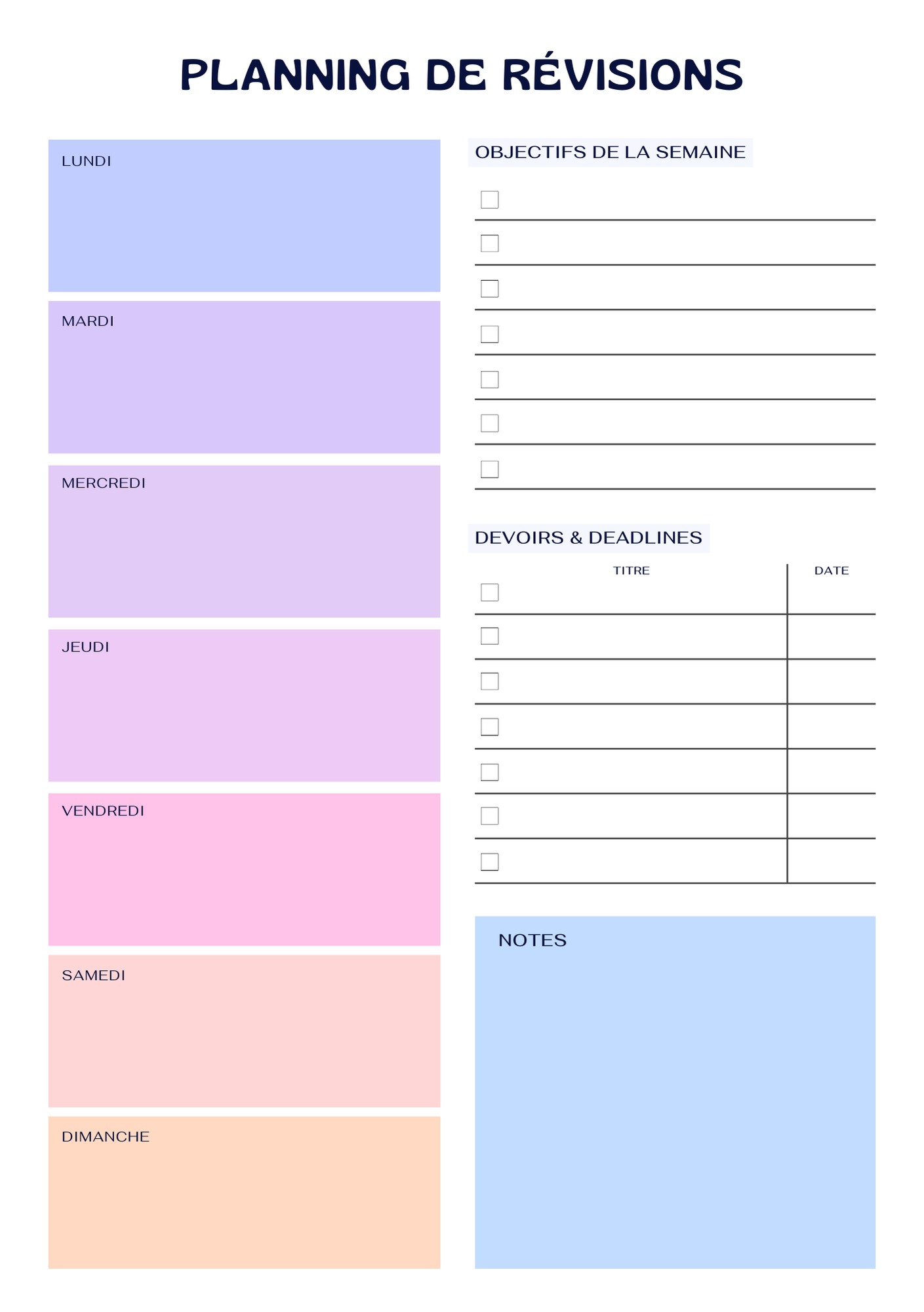 Planning de révisions hebdomadaire avec objectifs, devoirs, deadlines et espace notes
