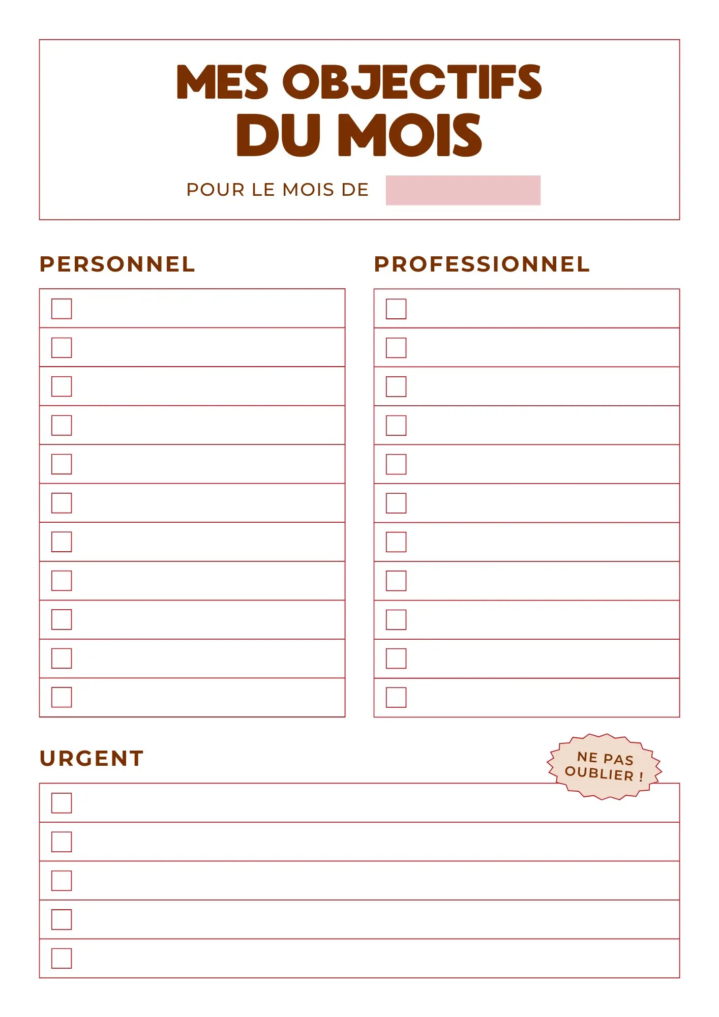 Page Objectifs du Mois Papeline avec zones pour noter objectifs mensuels, événements clés et priorités 
