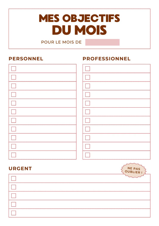 Page Objectifs du Mois Papeline avec zones pour noter objectifs mensuels, événements clés et priorités 
