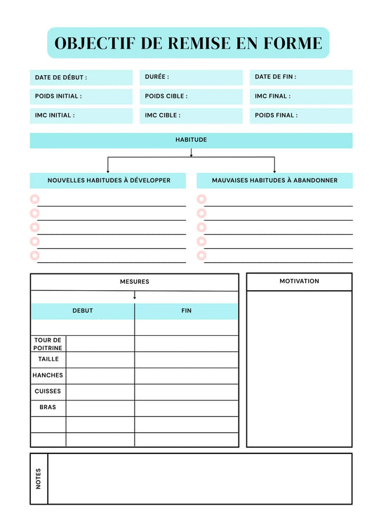 Page Remise en forme Papeline avec sections mesures clés, objectifs fitness, habitudes à suivre
