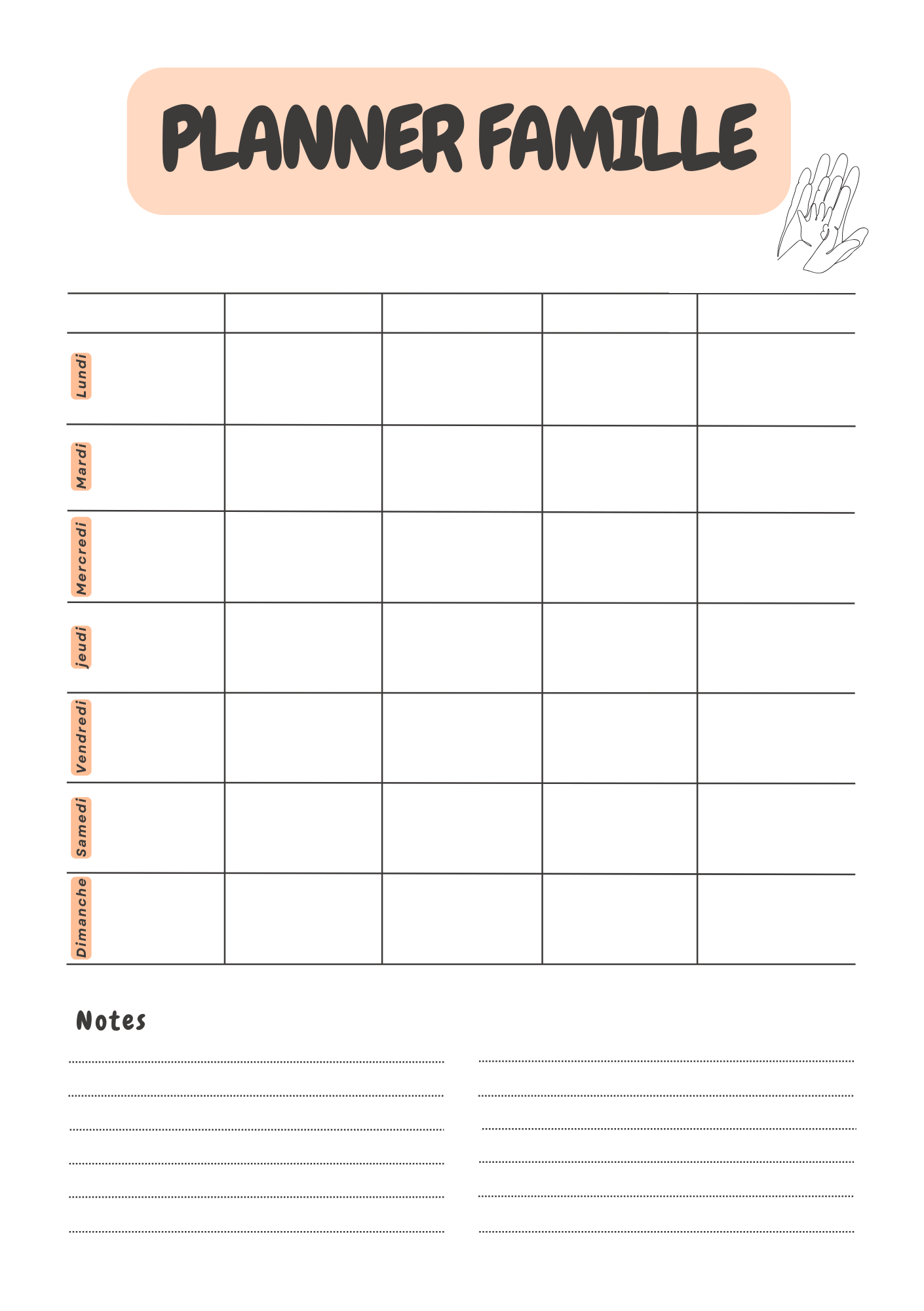 Planner famille hebdomadaire avec jours de la semaine et espace notes pour organisation familiale