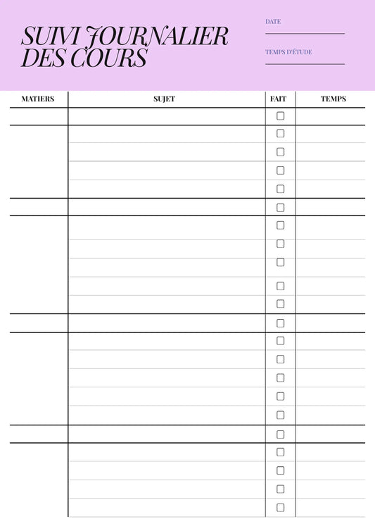 Page Suivi Journalier des Cours Papeline avec sections pour date, matières et temps d’étude 
