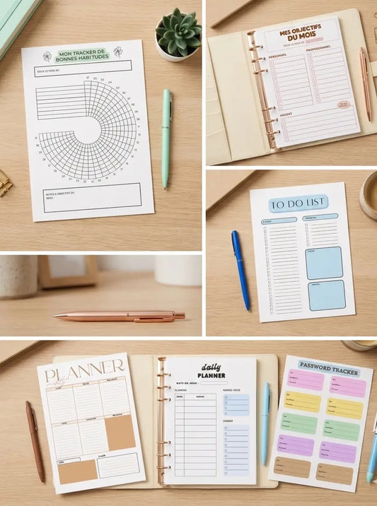 Pack Organisation 20 pages Papeline avec Weekly planner, Daily planner, To-do List, trackers et pages objectifs