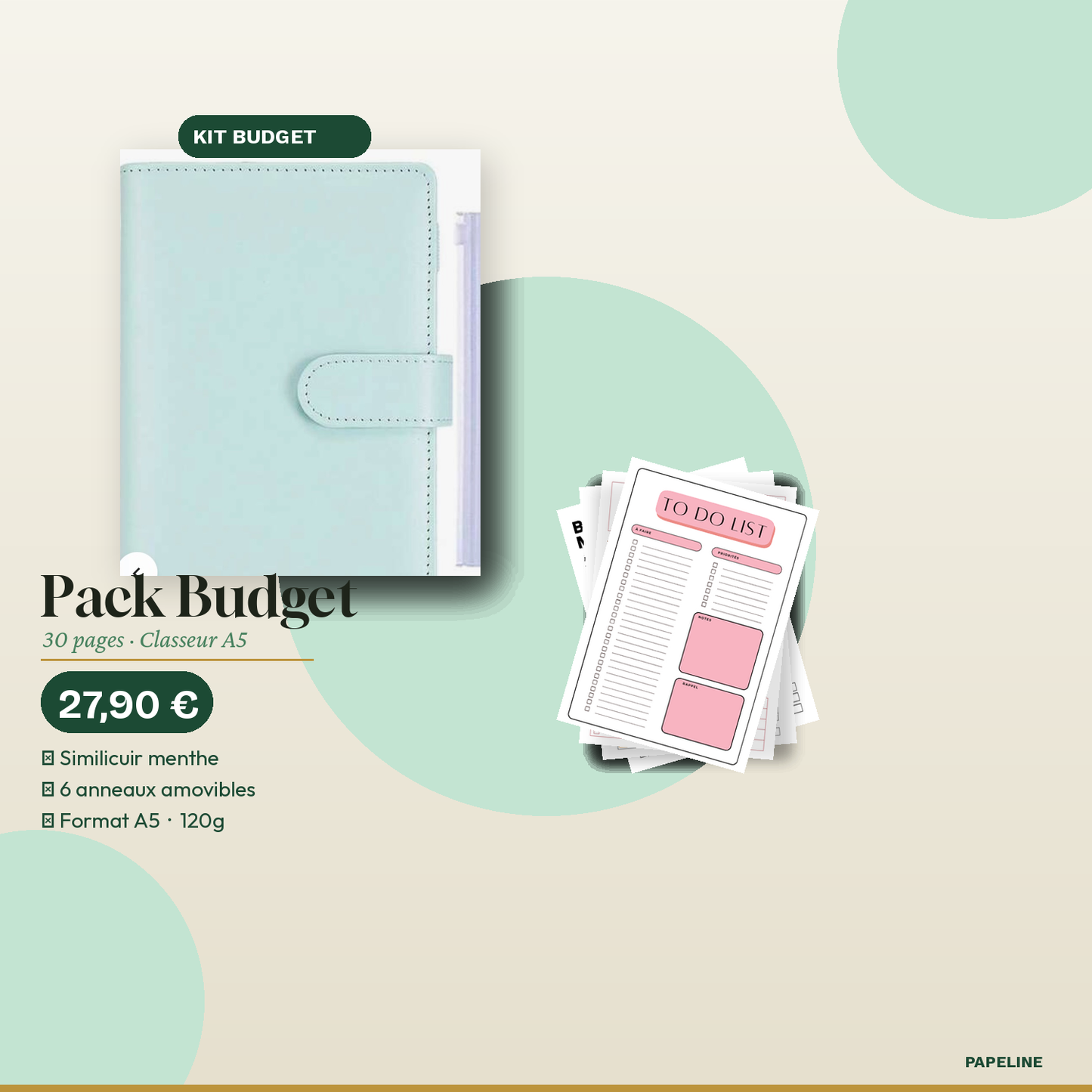 Kit budget classeur A5 fermé avec pack 30 pages suivi financier Papeline.