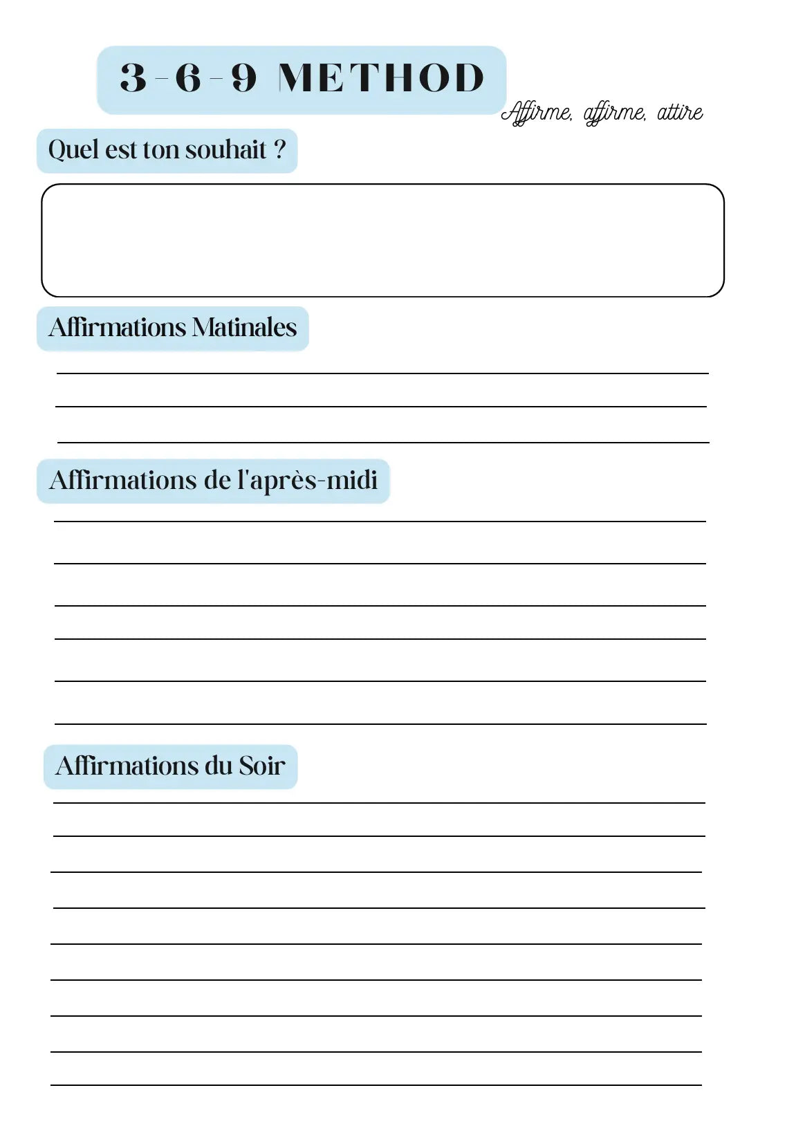 Page Planner d’Affirmations Méthode 3-6-9 Papeline avec sections pour écrire affirmations quotidiennes