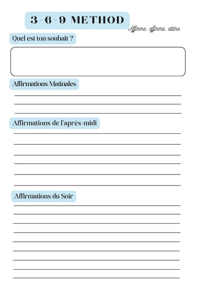 Page Planner d’Affirmations Méthode 3-6-9 Papeline avec sections pour écrire affirmations quotidiennes