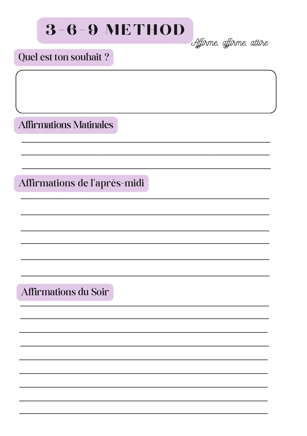 Page Planner d’Affirmations Méthode 3-6-9 Papeline avec sections pour écrire affirmations quotidiennes