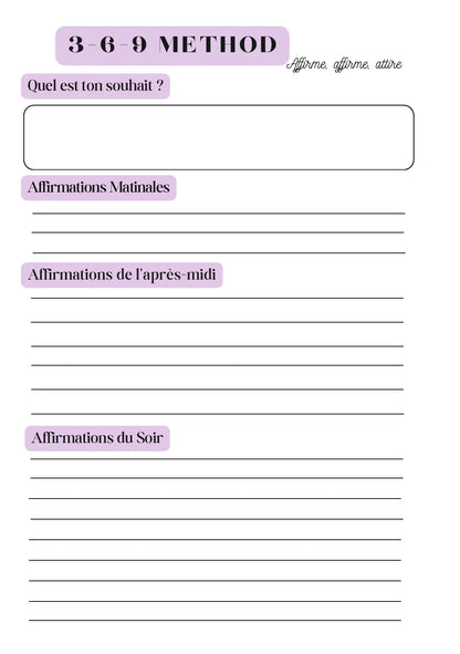 Page Planner d’Affirmations Méthode 3-6-9 Papeline avec sections pour écrire affirmations quotidiennes